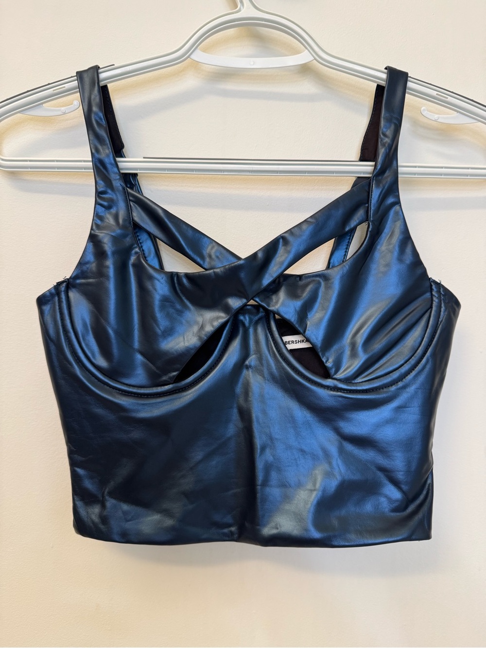 Bershka Black Faux Leather Twist-Front Crop Top